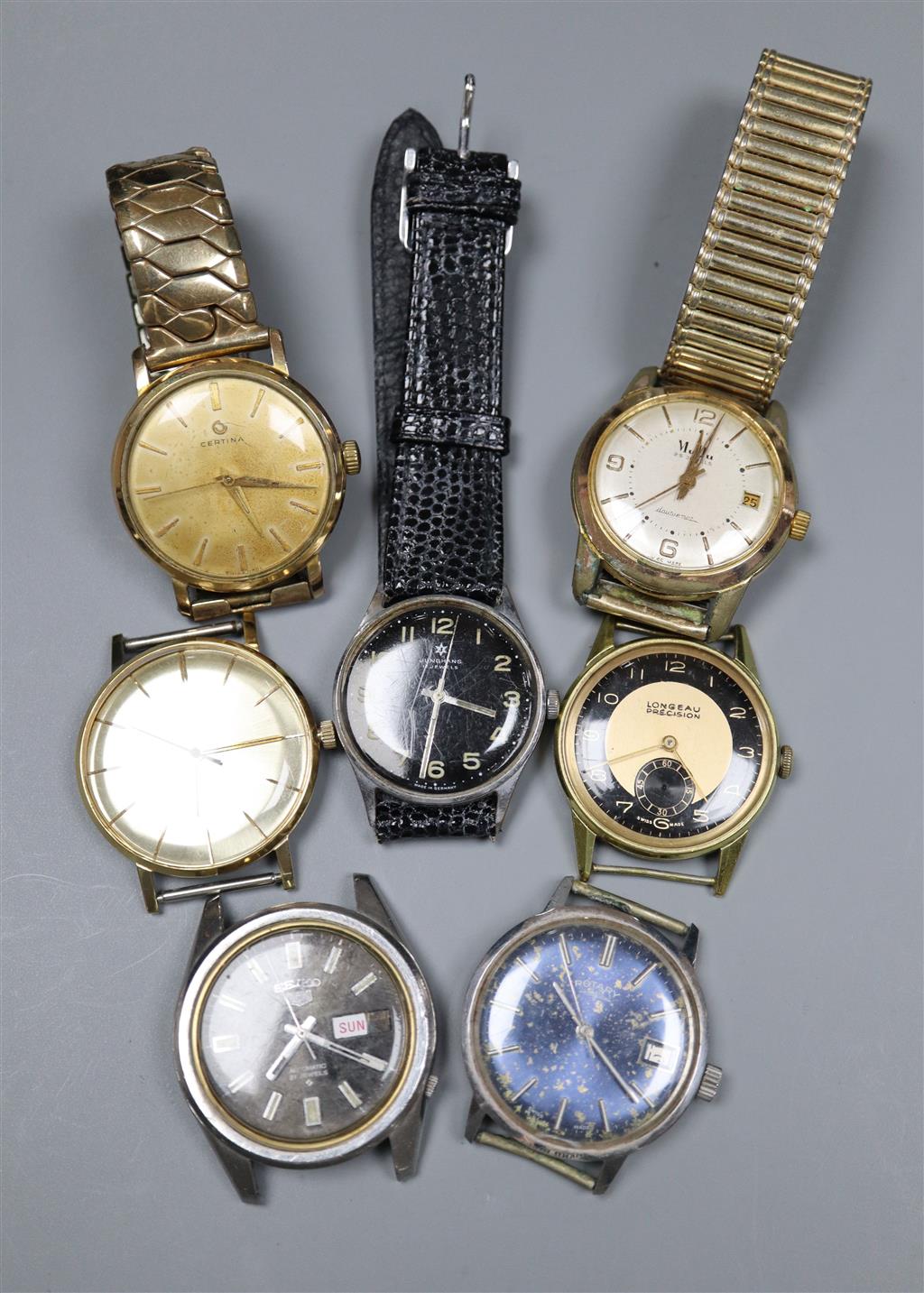 Seven assorted wrist watches including Seiko, Certina and Rotary.